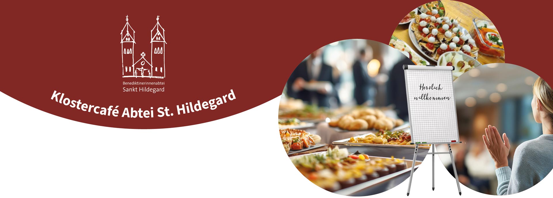 Bilder Flipchart mit der Aufschrift Herzlich Willkommen und Bilder vom Tagungsbuffet