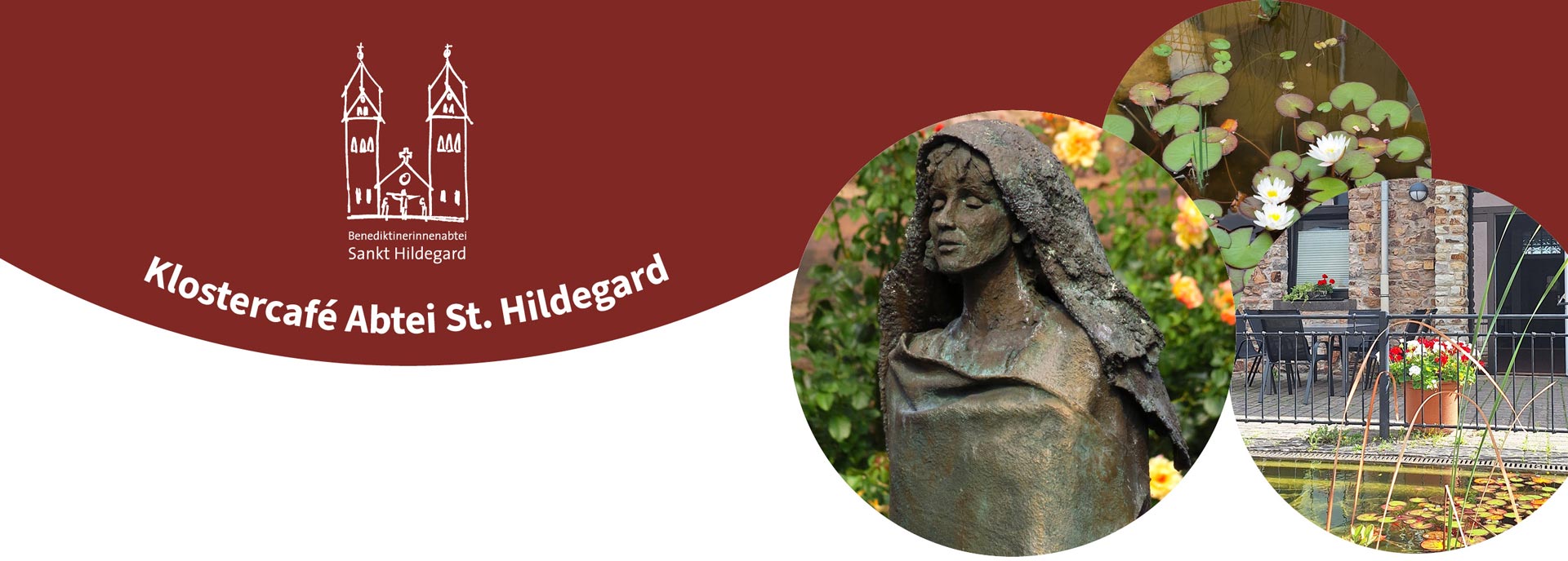 Statue von Hildegard von Bingen und Ansichten des Seerosenteichs im Innenhof